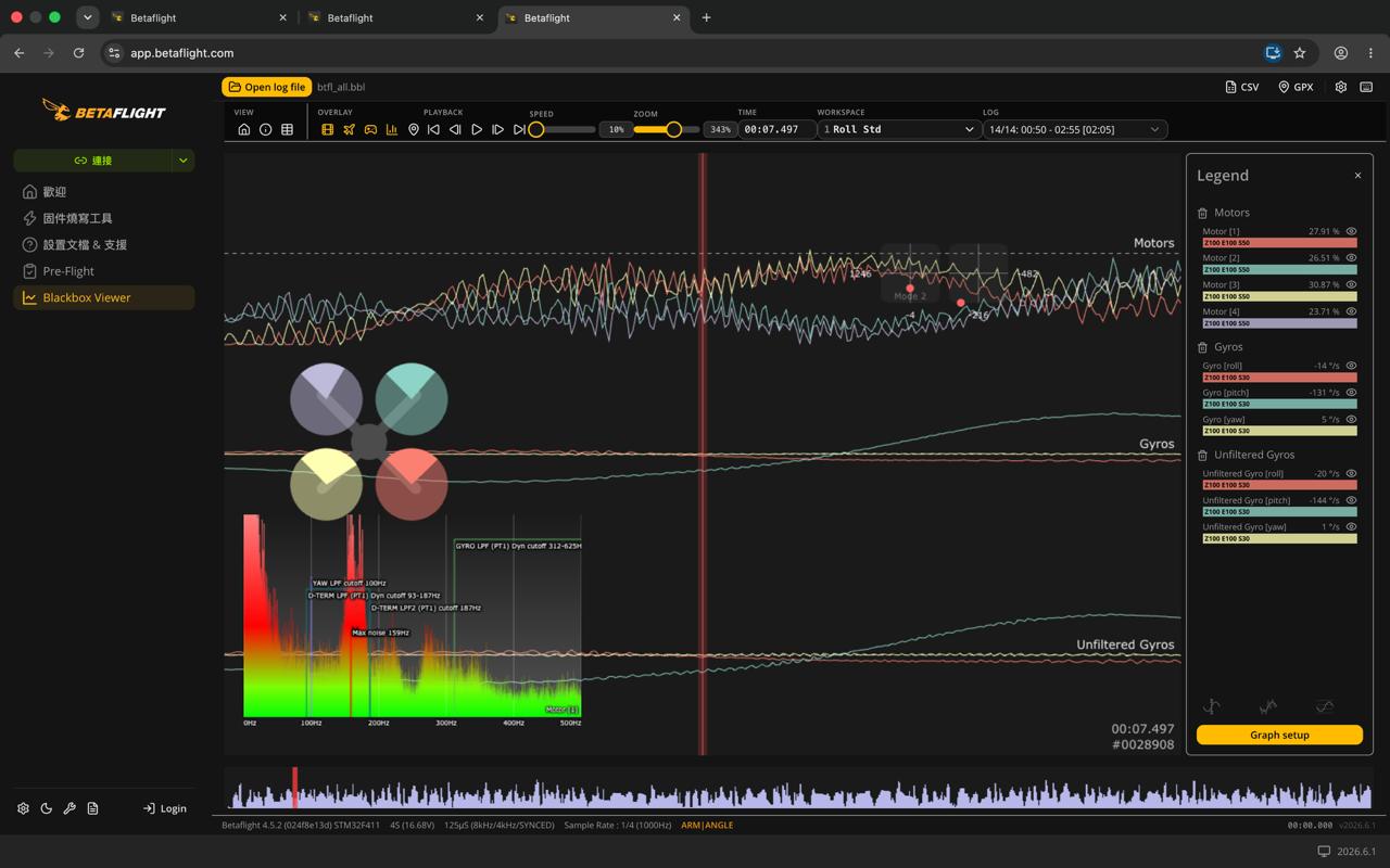 Betaflight Blackbox Viewer traces used during a PID tuning review